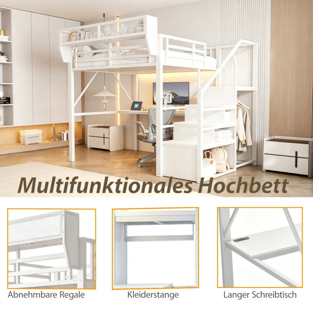 Letto a soppalco 140 × 200 cm con scrivania, scaffale regolabile, LED e scala di sicurezza, senza materasso, bianco