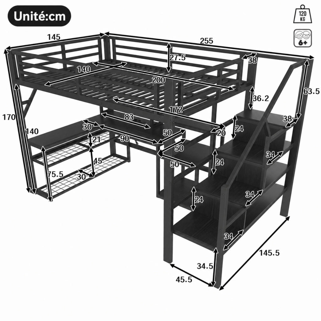 LETTO A SOPPALCO 140 x 200 cm in metallo nero con scrivania, LED e USB