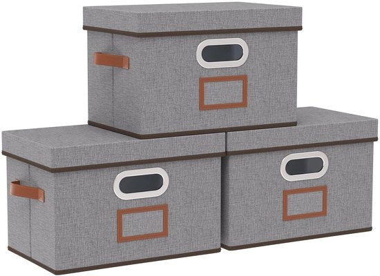 Scatola di archiviazione con coperchio - 3 pezzi - 38 x 25 x 25 cm - Grigio - Materiale di alta qualità - Scatola di archiviazione ripiegabile
