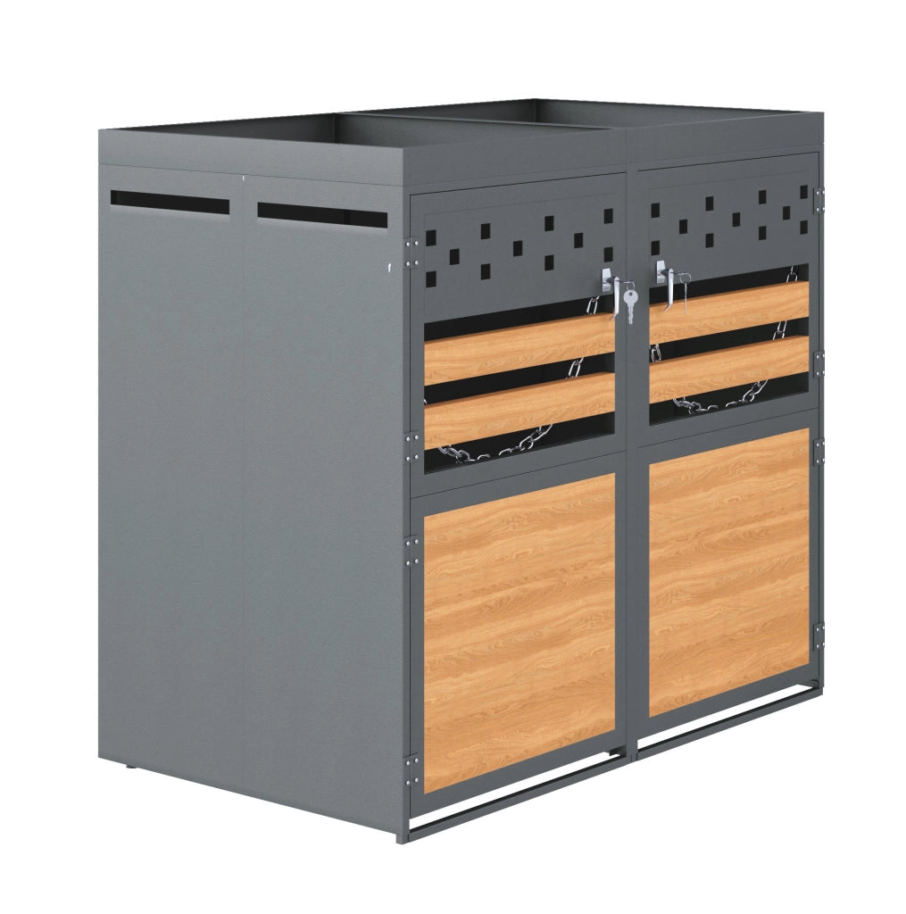 Box per bidoni rifiuti per 2 bidoni da 120-240 litri con tetto fioriera in metallo grigio naturale