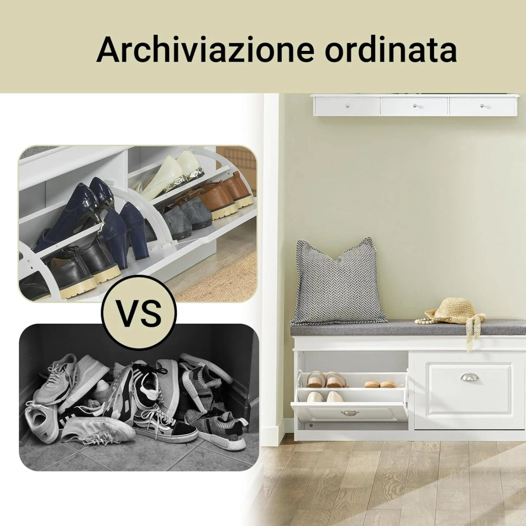 Scarpiera Salvaspazio Slim da Ingresso Panca Contenitore con Cuscino, Cassapanca Scarpiera Regolabile per Casa, Camera, Corridoio, L104*P24*A52cm, Bianco, FSR64-W