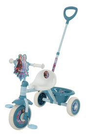 Triciclo a Pedali Primi Passi per Bambini con Maniglione Genitoriale Rimovibile e Vano Contenitore Disney Frozen Azzurro