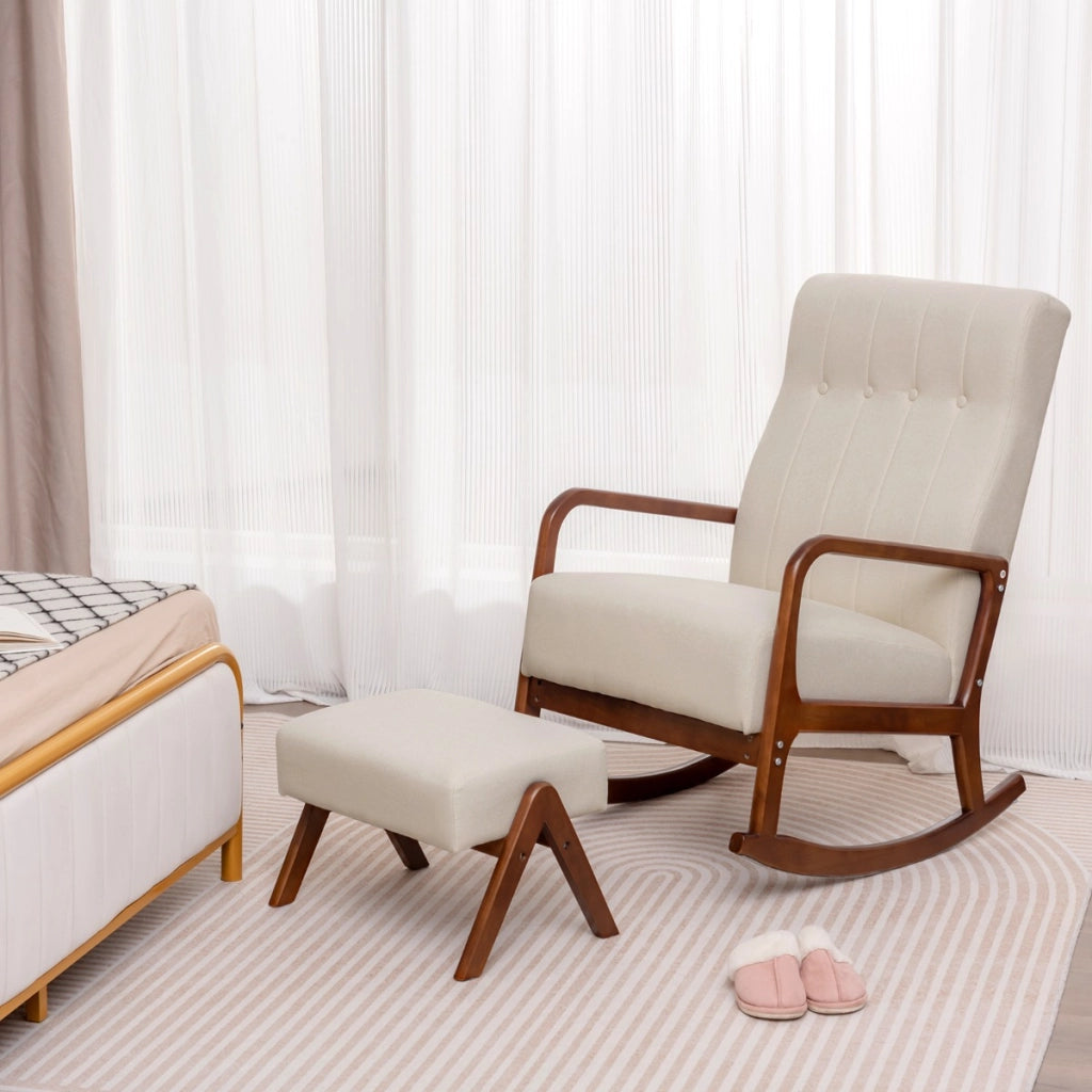 Poltrona a dondolo con poggiapiedi struttura in legno di gomma massello e cuscino imbottito, Set sedia a dondolo Beige-Sedie e poltrone