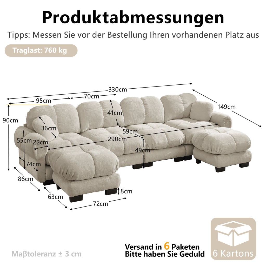 Divano angolare componibile a U a 4 posti in chenille con pouf mobili e cuciture trapuntate beige chiaro