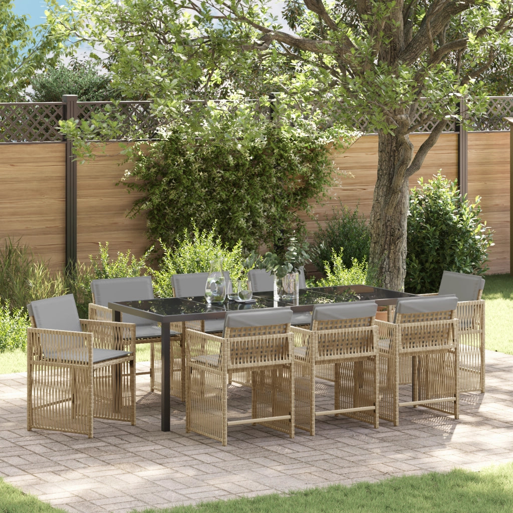 Set da Pranzo da Giardino 9 Pezzi con Cuscini Beige Rattan Polietilene