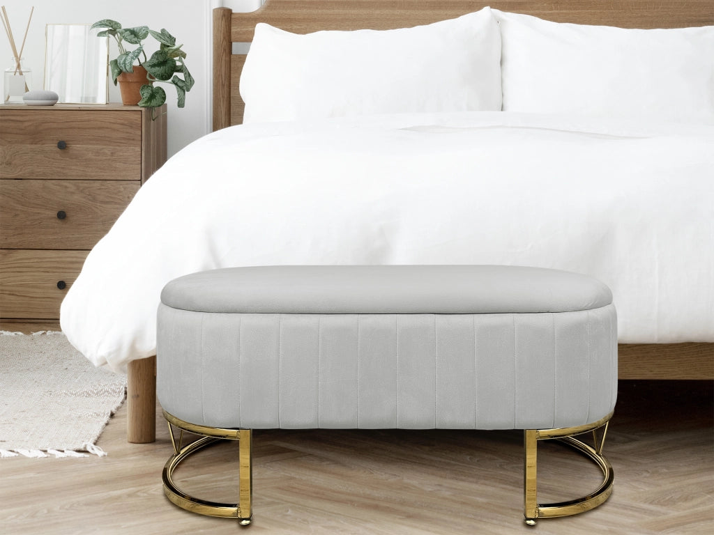 Panca Imbottita Divanetto In Velluto Contenitore Pouf PortaOggetti Panca Sgabello A Pie Di Letto Con Gambe In Metallo Dorato Cassapanca Ingresso Legno Massello Panchina  - Grigio Chiaro
