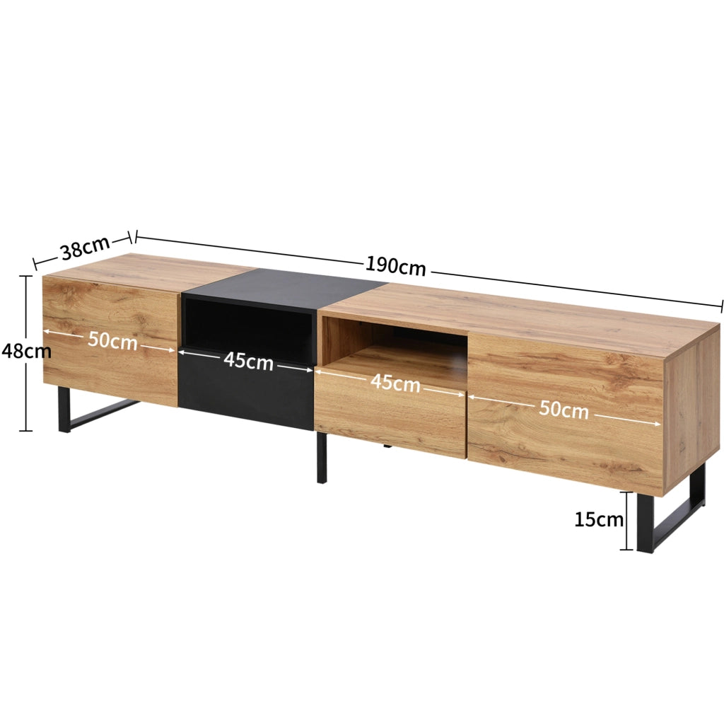 Mobile TV 190x38x48 cm con 2 ante e 2 cassetti; MDF; nero e legno naturale