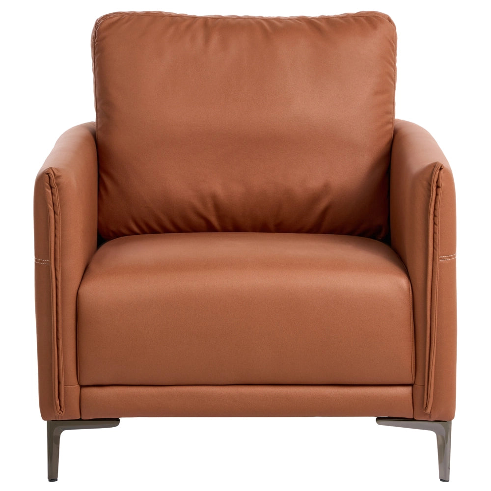 Poltrona in tessuto marrone dorato, imbottita, stile moderno, con gambe in metallo, minimalista