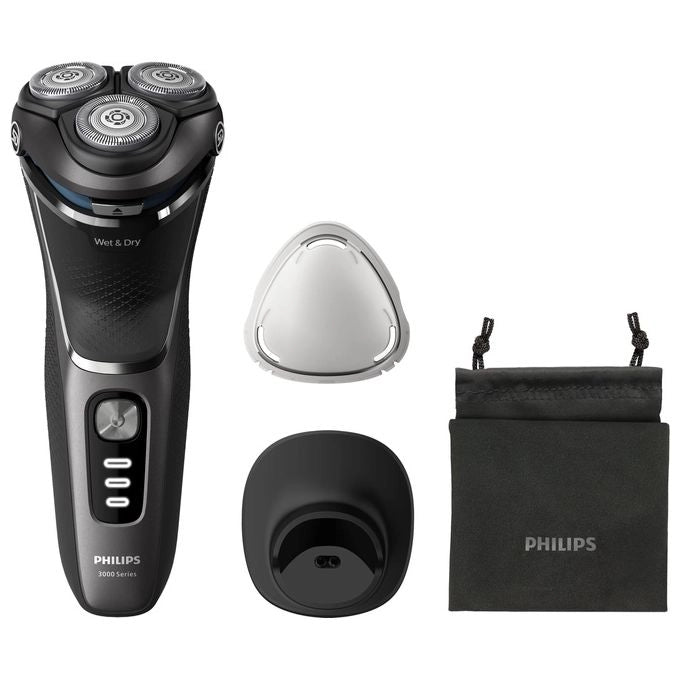 Philips S3343-13 Shaver Serie 3000 Rasoio elettrico rotativo Wet Dry 3 testine autonomia 60 min colore Nero Cromo