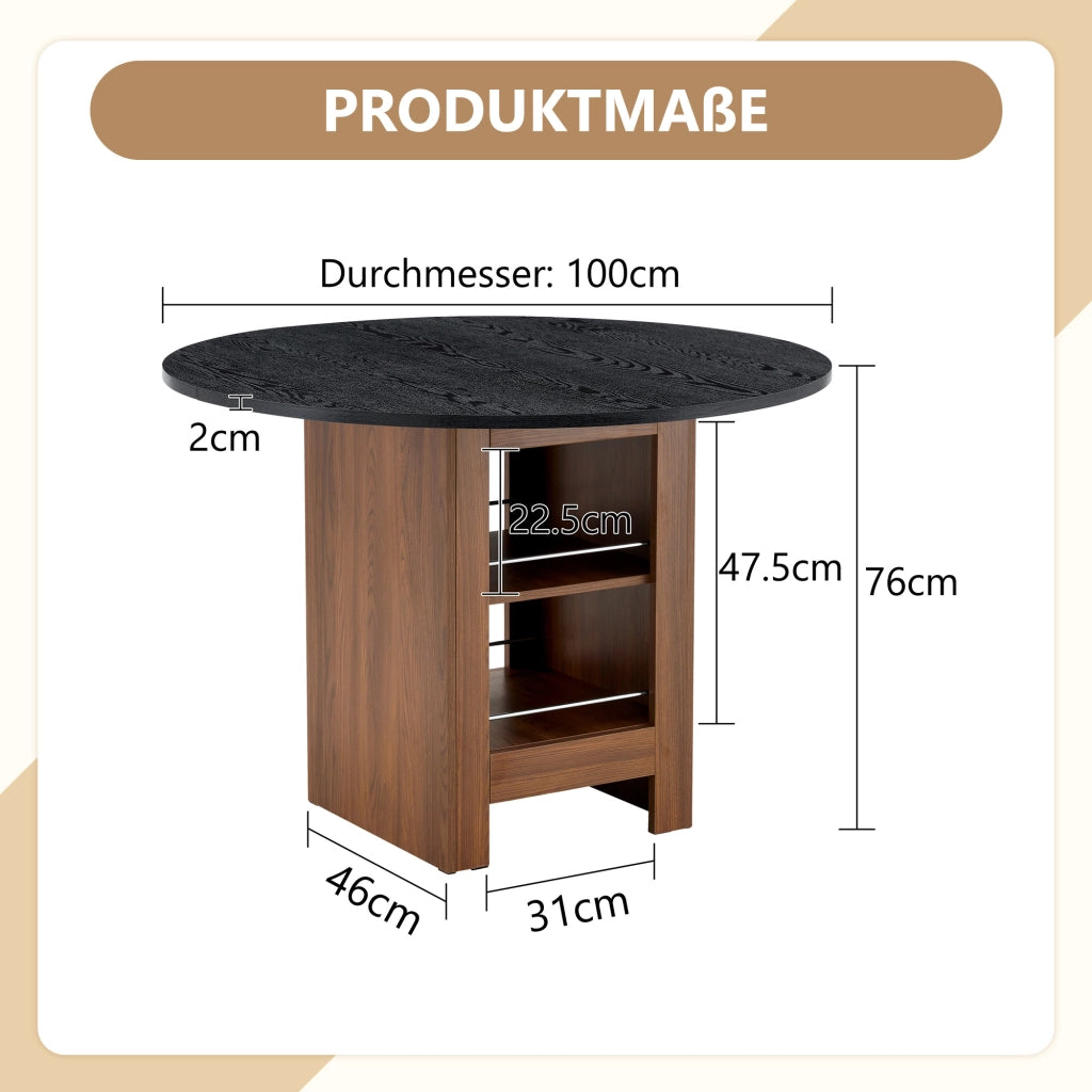 Tavolo da pranzo rotondo con vani aperti in MDF effetto noce e nero stile moderno per cucina e soggiorno diametro 100 cm