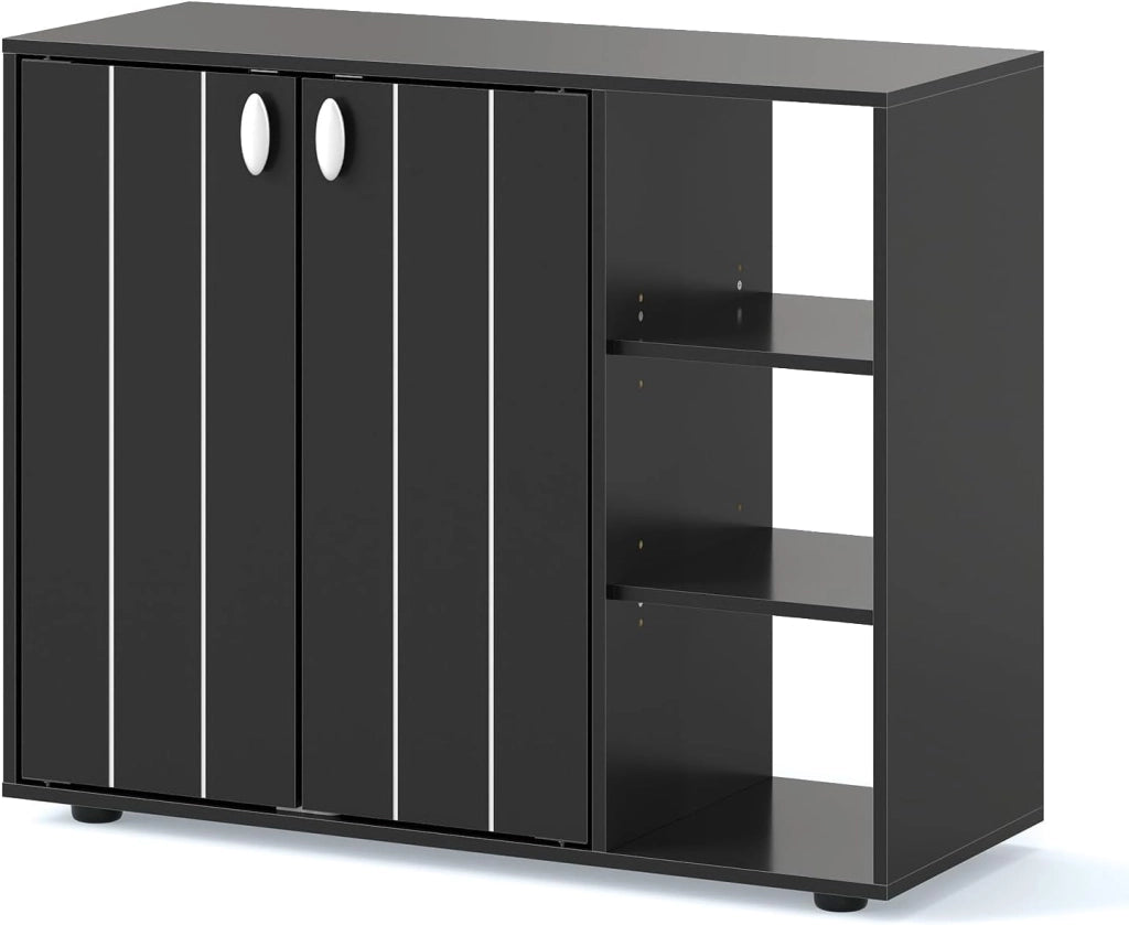 Scarpiera a 3 ripiani con 2 ante e 3 scomparti aperti con ripiani rimovibili, cassettiera per ingresso, corridoio e soggiorno, 80 x 31 x 64,5 cm (nero)