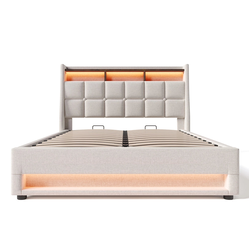 Letto a cassetone imbottito - Xylo - 180x200 cm - Beige - USB, LED, struttura metallica