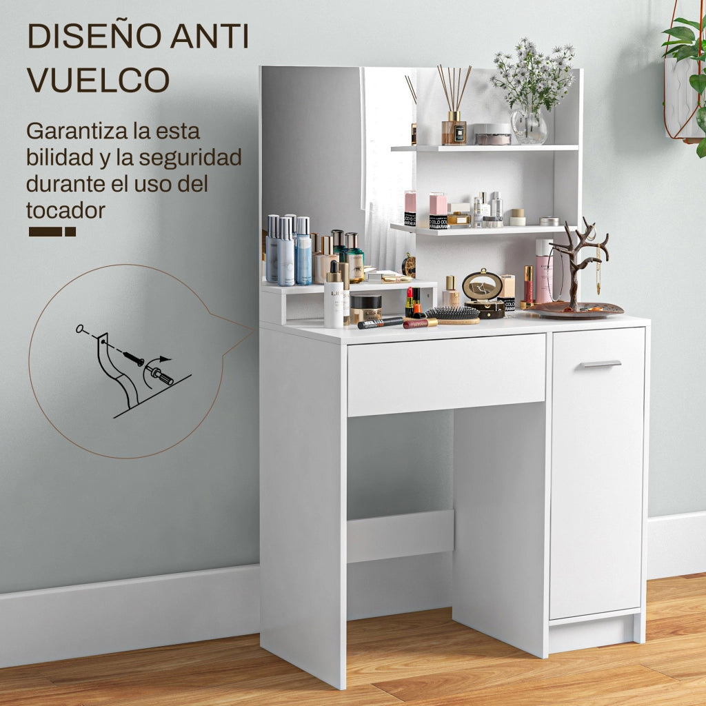 Cassettiera con Specchio e Sgabello ¨C Xylo ¨C Bianco Beige con Ripiani Aperti