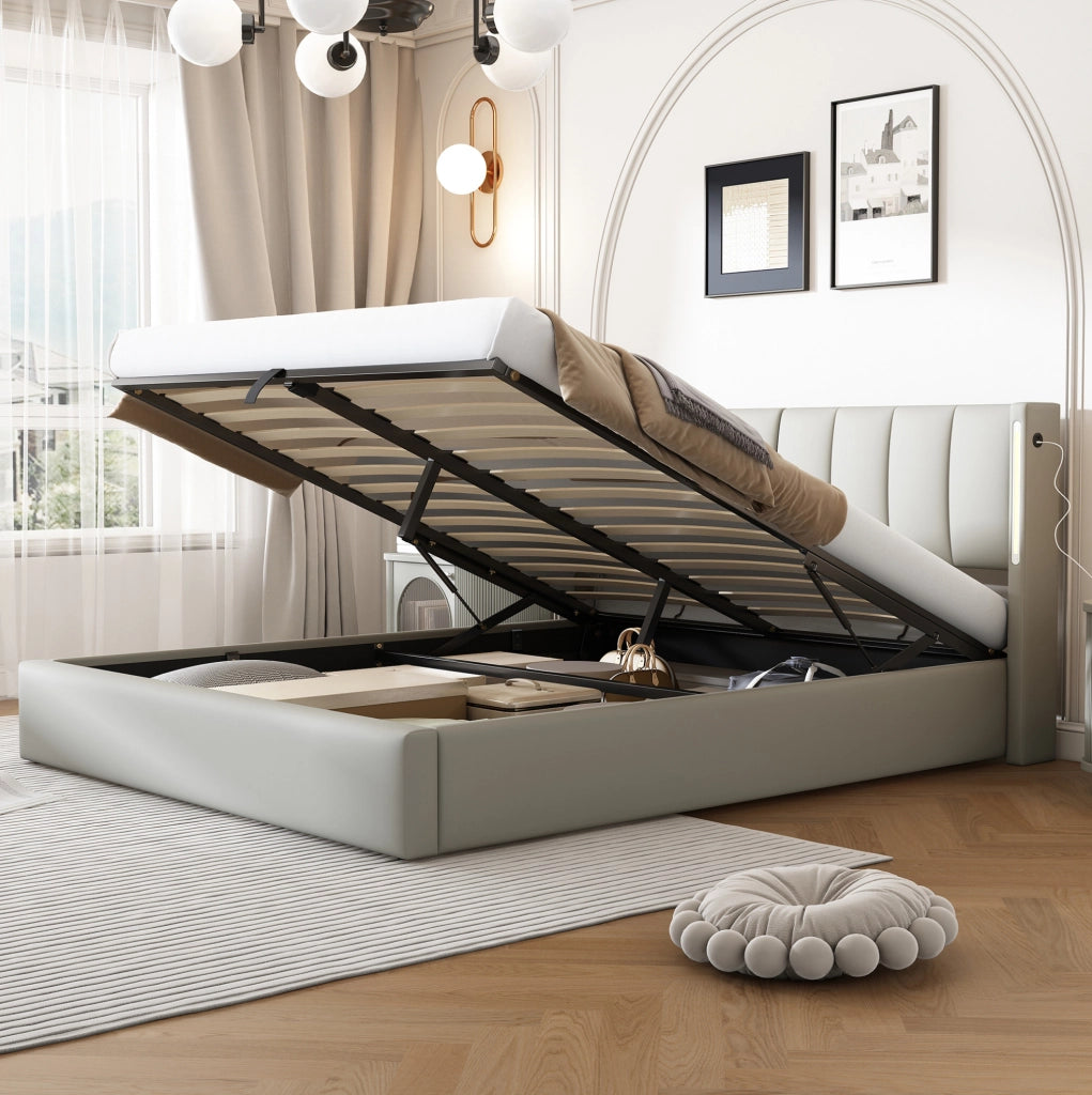 Letto matrimoniale 180x200 cm in PU grigio con LED e USB
