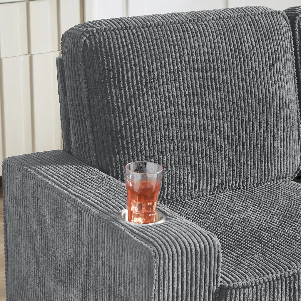 Divano a 3 posti in velluto a coste con portabicchieri e comfort ergonomico per soggiorno grigio 206 cm
