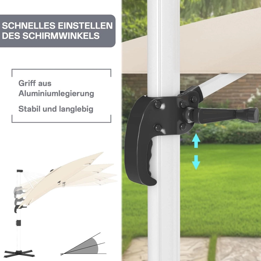 Ombrellone da balcone, in alluminio, con copertura, impermeabile, con manovella, protezione solare UV50+, rotazione di 360°, Baldacchino a strato singolo beige, 3 * 3M