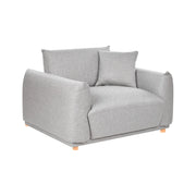 Poltrona da salotto con schienale in tessuto e gambe in legno grigio chiaro stile moderno