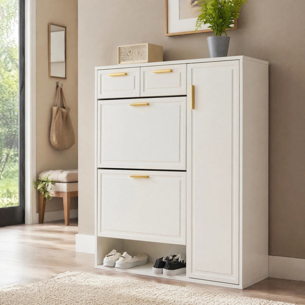 Scarpiera bianca con cassetti, ante e ripiani regolabili 95x24x107,5 cm