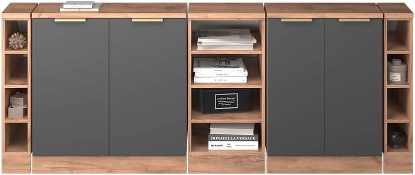 Set di mobili sottotetto Rion, Antracite-oro, 210 cm Set di 5 carcasse armadio profondità 60 cm, adatto per il salvaspazio sotto tetti spioventi