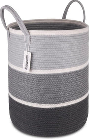 Sacca di Stoffa Tessuta con Maniglie - Borsa di Stoccaggio per Cenci, Coperta e Giocattoli - 41 x 51 cm (Grigio e Bianco)