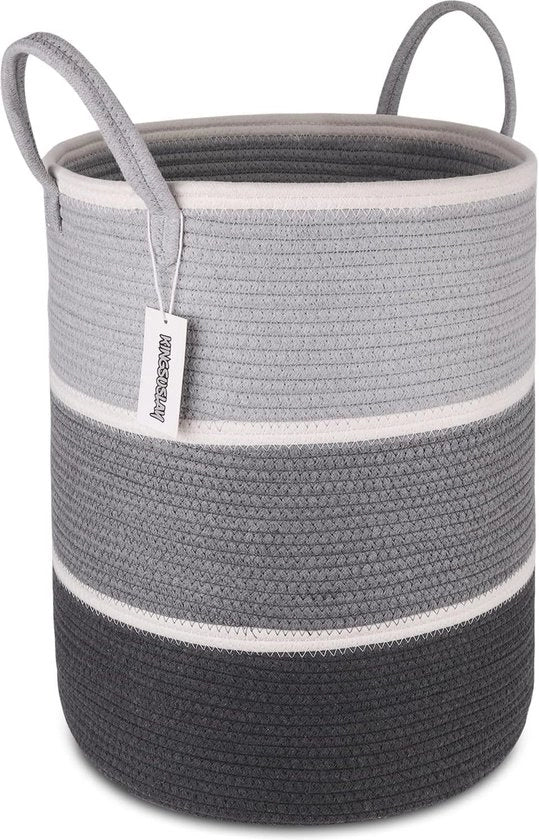 Sacca di Stoffa Tessuta con Maniglie - Borsa di Stoccaggio per Cenci, Coperta e Giocattoli - 41 x 51 cm (Grigio e Bianco)