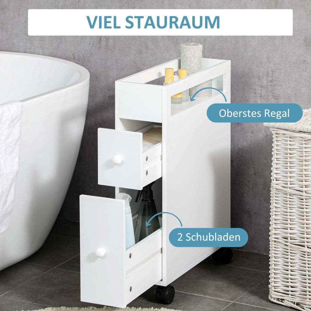 Armadietto da bagno con 2 cassetti, vano aperto, ruote e freni, per spazi piccoli, bianco, 16 × 49,5 × 66 cm