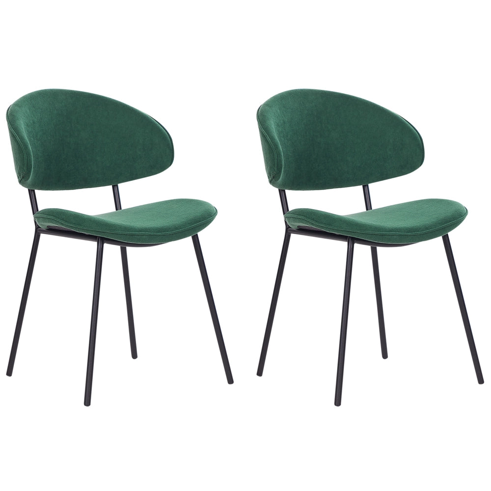 Set di 2 sedie da pranzo con sedile imbottito in tessuto verde senza braccioli schienale curvo stile moderno