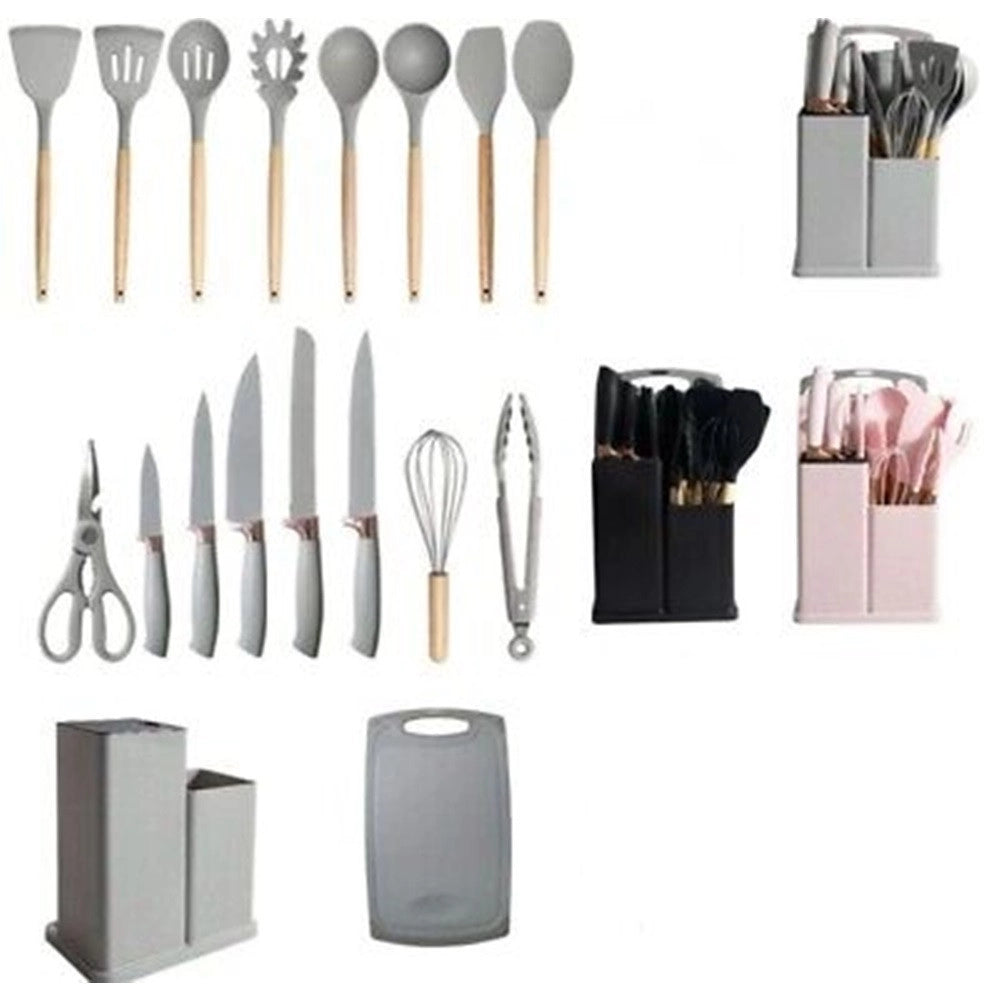Trade Shop - Set Di Utensili Coltelli Da Cucina Da Chef Da 19 Pezzi In Silicone Con Manico In Legno -