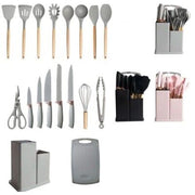 Trade Shop - Set Di Utensili Coltelli Da Cucina Da Chef Da 19 Pezzi In Silicone Con Manico In Legno -