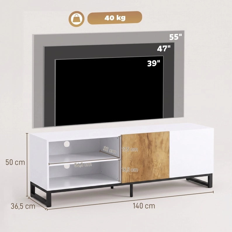 Mobile TV moderno 140 cm bianco e rovere con ripiani regolabili
