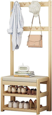 Appendiabiti in Legno, Appendiabiti Indipendente con Panca per Scarpe 5 Ganci, Appendiabiti per Abiti, Appendiabiti per Camera da Letto, casa, Ufficio, Interni (L: 64/74/84 cm)