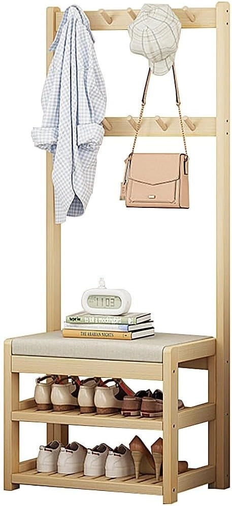 Appendiabiti in Legno, Appendiabiti Indipendente con Panca per Scarpe 5 Ganci, Appendiabiti per Abiti, Appendiabiti per Camera da Letto, casa, Ufficio, Interni (L: 64/74/84 cm)