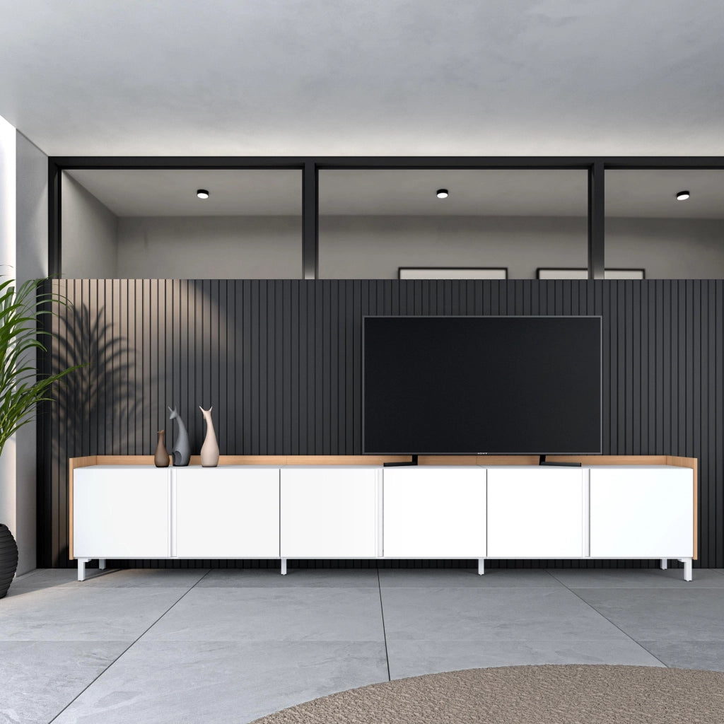 Mobile TV Soggiorno, 309x61x35 cm, Per TV fino a 80", Design industriale, Bianco e Rovere soft