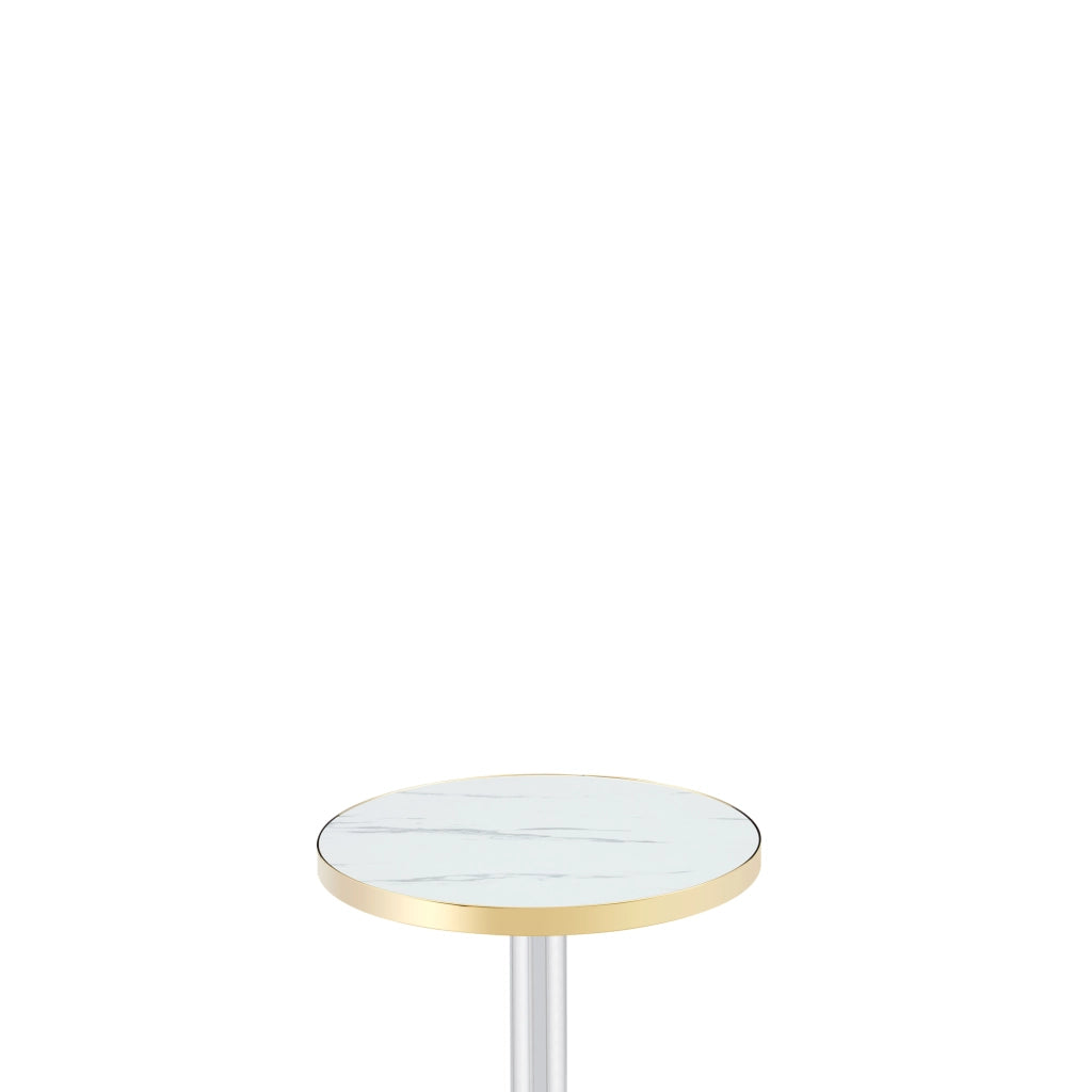 Tavolino rotondo con piano effetto marmo bianco; struttura in metallo; 60x73;7 cm