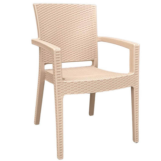 Sedia poltrona in plastica effetto rattan con braccioli color beige