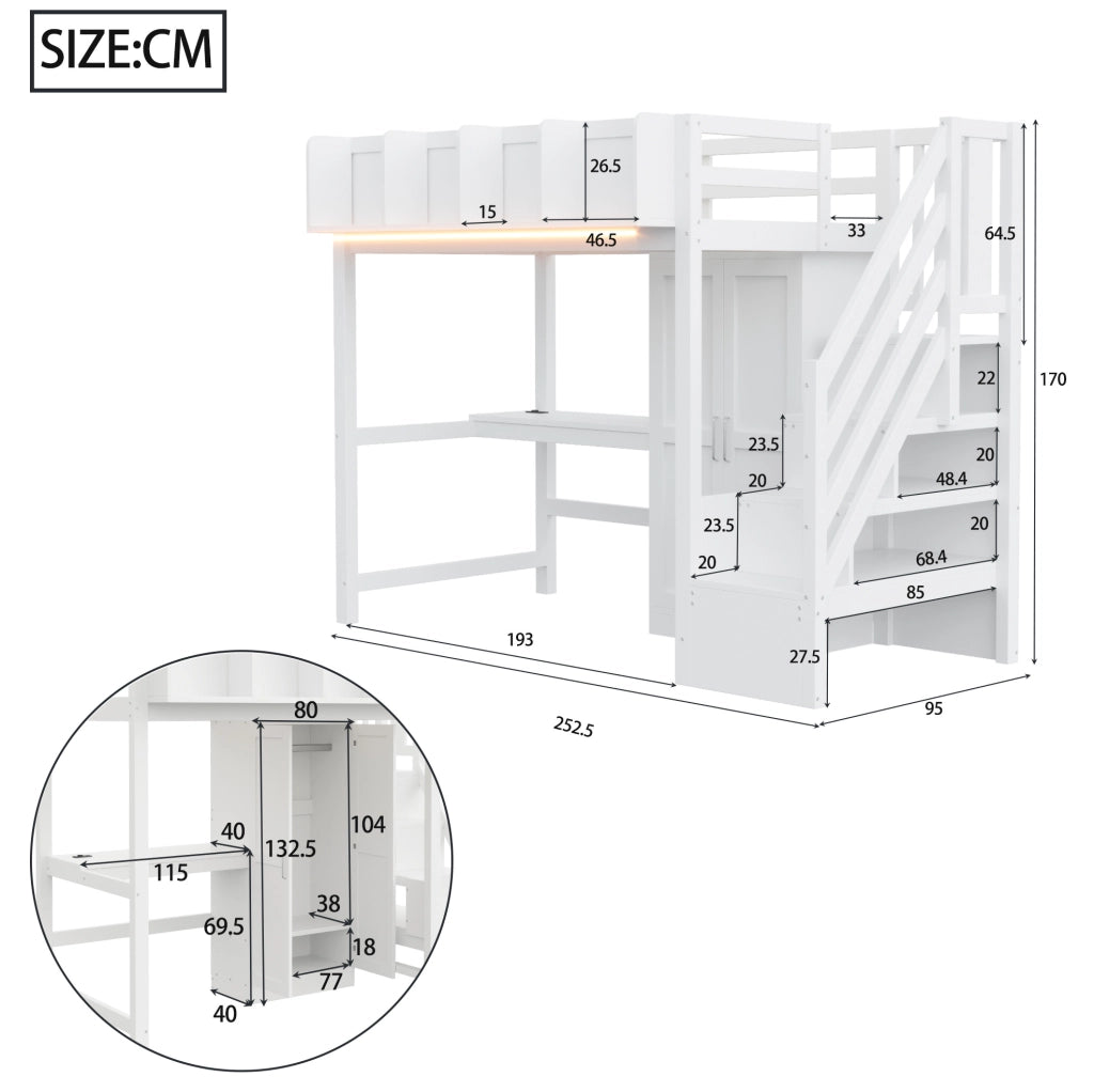 Letto a soppalco 90x200 cm con scrivania; armadio; LED e prese; bianco