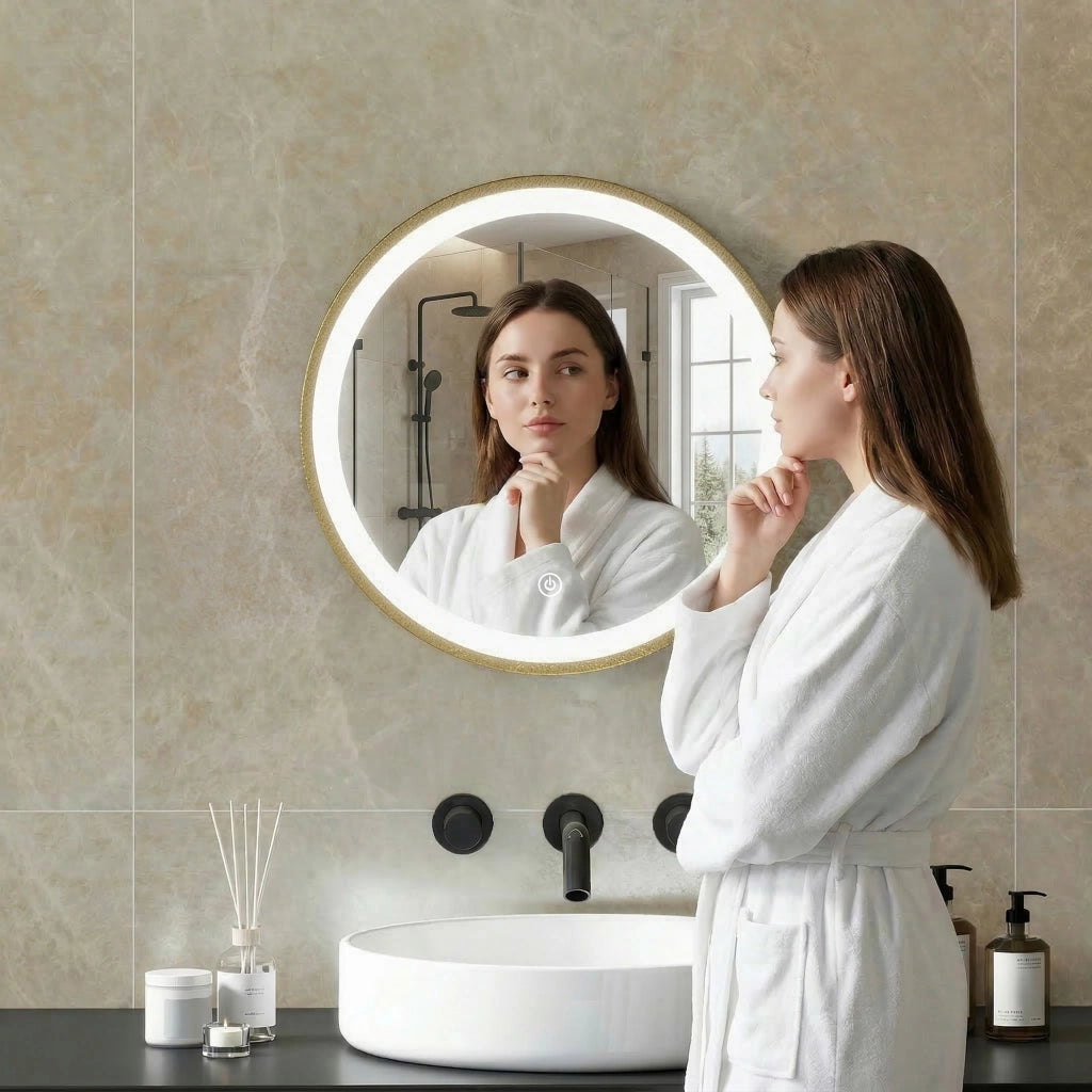 Specchio Bagno LED Rotondo 40 cm ¨C zephmum ¨C Dorato, Regolabile, 3 Luci