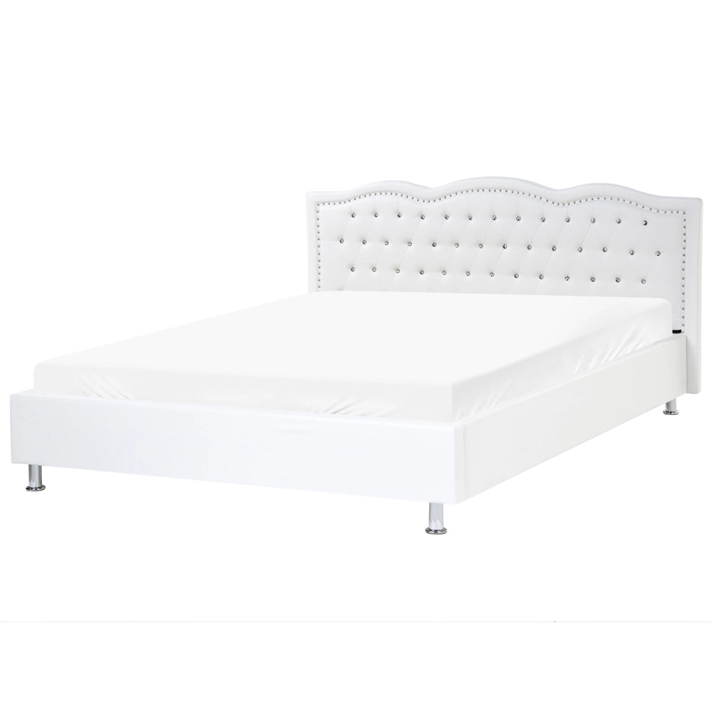 Letto 180 x 200 cm in ecopelle bianca da 1,80 con cornice imbottita bottoncini in cristallo con finiture per la testa dei chiodi