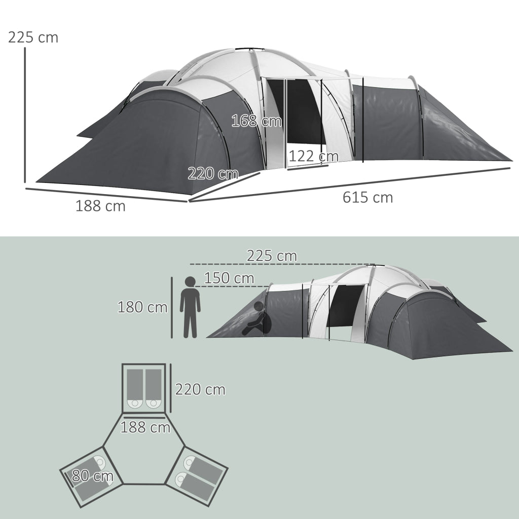 Tenda da campeggio per 6-9 persone, 4 stanze, grigio, impermeabile ¨C zephmum ¨C 615x615x225 cm