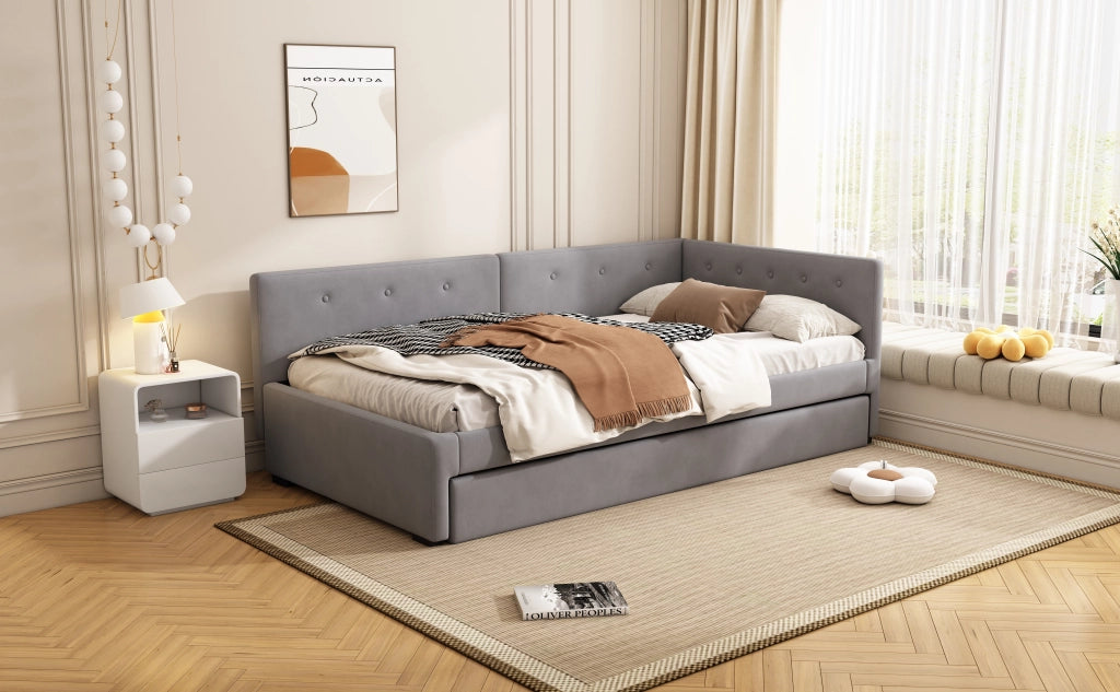Letto singolo 90 × 200 cm con letto estraibile in velluto e MDF grigio con rete a doghe e testiera