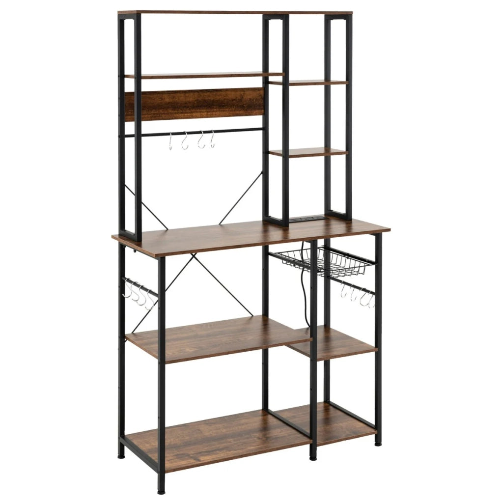 Mensola da cucina con supporto per microonde 99 x 40 x 170 cm con presa elettrica e 12 ganci stile rustico legno marrone 20_0017228