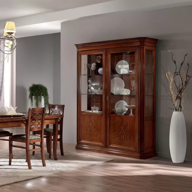 Vetrina classica 2 porte intarsio legno bassano con rilievi 162x54x217 - Mobili 2G