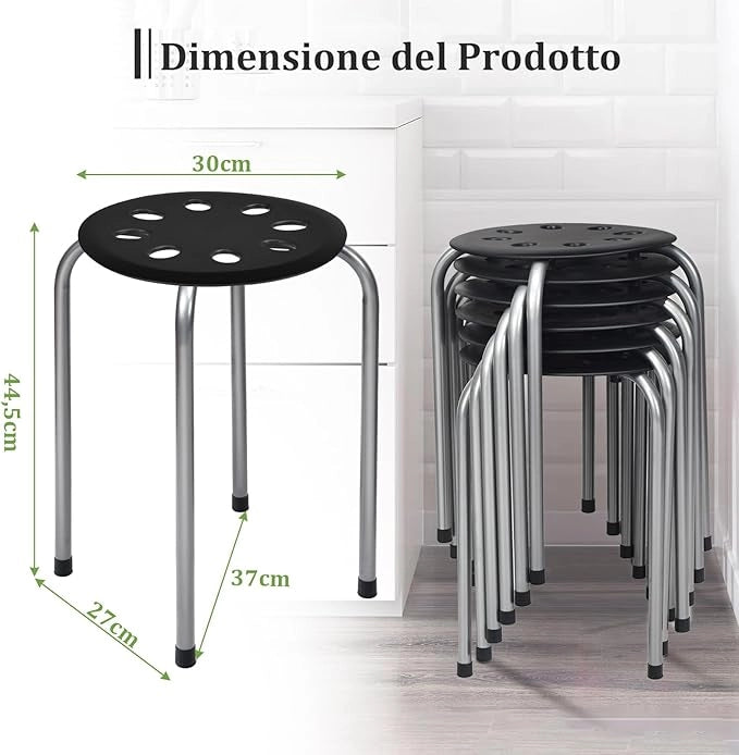 Set di 6 Sgabello Tondo Impilabile in Metallo, Sgabello Cucina Basso per Bambini Adulti, Sgabelli da Bar Casa Ufficio Aule, 30 x 30 x 44,5 cm (Nero + Grigio)
