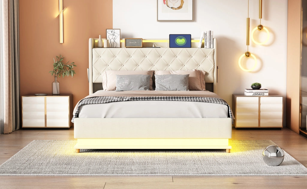 DESMIU Letto contenitore 140 × 200 cm 2 posti con LED, USB e vano idraulico, senza materasso, beige