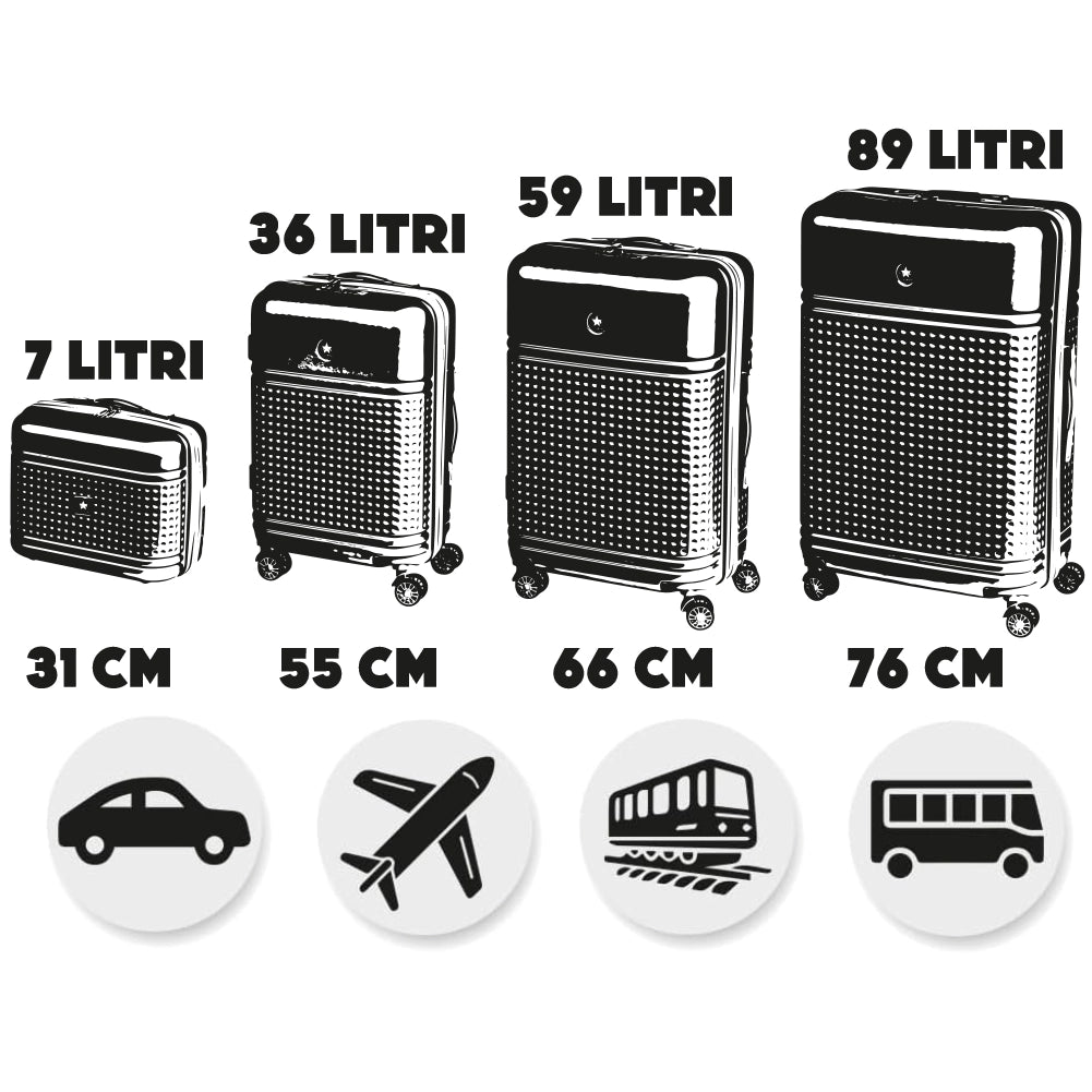 Set 4 Valigie Rigide in ABS da Viaggio Silver con Ruote Easy Roll e Beauty Case