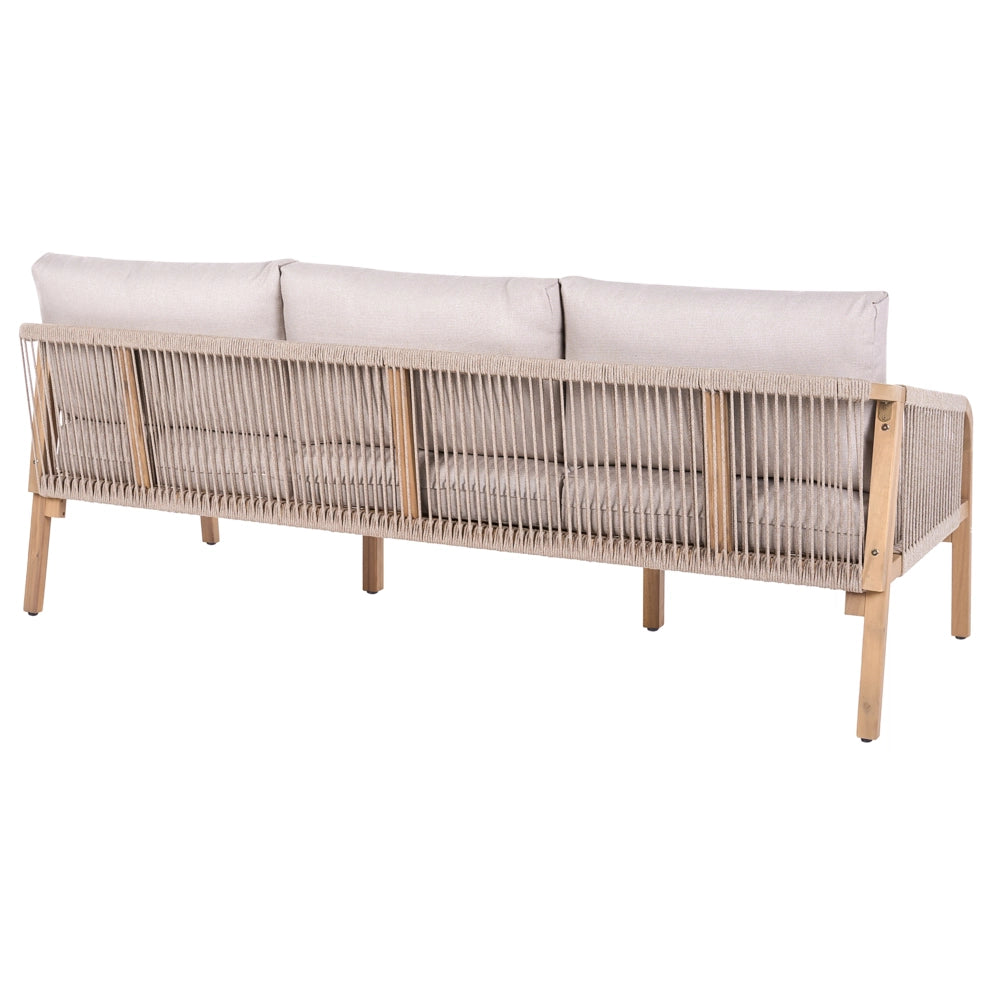 Set divano da giardino in legno di acacia chiaro con cuscini beige chiaro, 5 posti, design moderno, set da salotto da esterno