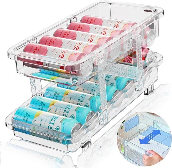 Organizzatore per frigorifero, lattine (250-550 ml), supporto per lattine espandibile, frigorifero, dispensatore per lattine pieghevole, frigorifero, adatto a tutte le dimensioni di lattine per bevande, lattine per birra e bibite, privo di BPA