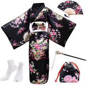 Set di 5 Yukata giapponesi Geisha con stampa di fiori, kimono di seta con cinturino, asciugamano, spilla per capelli e set di calze tabi per donne