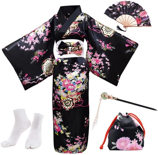 Set di 5 Yukata giapponesi Geisha con stampa di fiori, kimono di seta con cinturino, asciugamano, spilla per capelli e set di calze tabi per donne