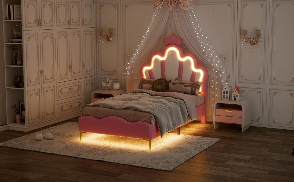 DESMIU Letto Singolo 1 Posto con LED Regolabile, Testiera a Corona, 90 × 200 cm, Senza Materasso, PU Rosa